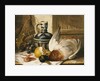 A Mallard, a Jug, a Peeled Lemon, Grapes and Shrimps on Draped Ledge by Edward Ladell