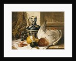 A Mallard, a Jug, a Peeled Lemon, Grapes and Shrimps on Draped Ledge by Edward Ladell