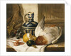 A Mallard, a Jug, a Peeled Lemon, Grapes and Shrimps on Draped Ledge by Edward Ladell