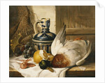 A Mallard, a Jug, a Peeled Lemon, Grapes and Shrimps on Draped Ledge by Edward Ladell