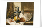 A Mallard, a Jug, a Peeled Lemon, Grapes and Shrimps on Draped Ledge by Edward Ladell