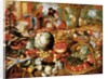A greengrocer's stall with the Flight Into Egypt beyond by Joachim Beuckelaer or Bueckelaer