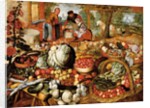 A greengrocer's stall with the Flight Into Egypt beyond by Joachim Beuckelaer or Bueckelaer