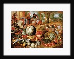 A greengrocer's stall with the Flight Into Egypt beyond by Joachim Beuckelaer or Bueckelaer