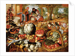 A greengrocer's stall with the Flight Into Egypt beyond by Joachim Beuckelaer or Bueckelaer