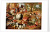A greengrocer's stall with the Flight Into Egypt beyond by Joachim Beuckelaer or Bueckelaer