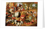 A greengrocer's stall with the Flight Into Egypt beyond by Joachim Beuckelaer or Bueckelaer