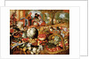 A greengrocer's stall with the Flight Into Egypt beyond by Joachim Beuckelaer or Bueckelaer