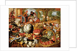 A greengrocer's stall with the Flight Into Egypt beyond by Joachim Beuckelaer or Bueckelaer