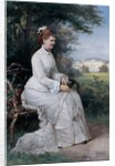 Portrait of Princess Emma von Waldeck-Pyrmont seated on a bench in the park of the Palace Het Loo by Piet Schipperus