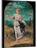 Young woman holding a flower with an extensive landscape beyond by Girolamo da Carpi