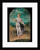 Young woman holding a flower with an extensive landscape beyond by Girolamo da Carpi