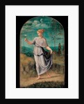 Young woman holding a flower with an extensive landscape beyond by Girolamo da Carpi