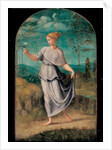 Young woman holding a flower with an extensive landscape beyond by Girolamo da Carpi