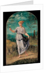 Young woman holding a flower with an extensive landscape beyond by Girolamo da Carpi