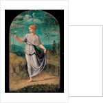 Young woman holding a flower with an extensive landscape beyond by Girolamo da Carpi