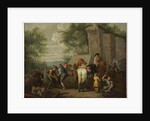 A military blacksmith shoeing horses by a ruin by Pieter van Bloemen