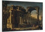 Capriccio with Roman ruins and Christ with the Woman Taken in Adultery by Francesco Maglioli