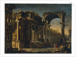 Capriccio with Roman ruins and Christ with the Woman Taken in Adultery by Francesco Maglioli