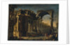 Capriccio with Roman ruins and Christ with the Woman Taken in Adultery by Francesco Maglioli