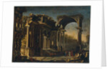 Capriccio with Roman ruins and Christ with the Woman Taken in Adultery by Francesco Maglioli