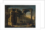 Capriccio with Roman ruins and Christ with the Woman Taken in Adultery by Francesco Maglioli