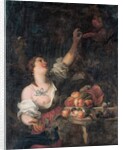 A woman picking grapes and a putto by a Classical pedestal adorned with fruit by Il & Brueghel Abraham Borgognone
