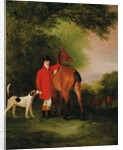 Portrait of Lord Lismore in a hunting coat with his bay hunter and a hound, in a landscape, a hunting party beyond by John E. Ferneley