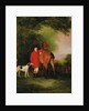 Portrait of Lord Lismore in a hunting coat with his bay hunter and a hound, in a landscape, a hunting party beyond by John E. Ferneley