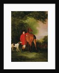 Portrait of Lord Lismore in a hunting coat with his bay hunter and a hound, in a landscape, a hunting party beyond by John E. Ferneley