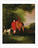 Portrait of Lord Lismore in a hunting coat with his bay hunter and a hound, in a landscape, a hunting party beyond by John E. Ferneley