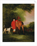 Portrait of Lord Lismore in a hunting coat with his bay hunter and a hound, in a landscape, a hunting party beyond by John E. Ferneley