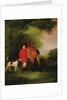 Portrait of Lord Lismore in a hunting coat with his bay hunter and a hound, in a landscape, a hunting party beyond by John E. Ferneley