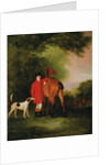Portrait of Lord Lismore in a hunting coat with his bay hunter and a hound, in a landscape, a hunting party beyond by John E. Ferneley
