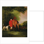 Portrait of Lord Lismore in a hunting coat with his bay hunter and a hound, in a landscape, a hunting party beyond by John E. Ferneley