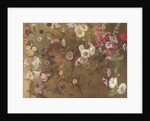 Composition of flower studies including carnations, pincushion flowers, bouncing bet, mallow; hollyhocks, African marigols, forget-me-nots by Hyacinthe Francois Rigaud
