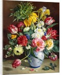 Tulips, Roses, Narcissi and other Flowers in a Blue and White Vase by R. Klausner