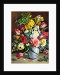 Tulips, Roses, Narcissi and other Flowers in a Blue and White Vase by R. Klausner
