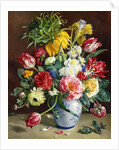 Tulips, Roses, Narcissi and other Flowers in a Blue and White Vase by R. Klausner