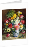 Tulips, Roses, Narcissi and other Flowers in a Blue and White Vase by R. Klausner