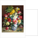 Tulips, Roses, Narcissi and other Flowers in a Blue and White Vase by R. Klausner