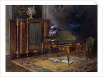 An Interior with a Louis XV Style Ormulu-mounted and Parquetry Bureau Plat and Bibliotheque43.4cm., by French School