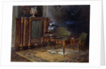 An Interior with a Louis XV Style Ormulu-mounted and Parquetry Bureau Plat and Bibliotheque43.4cm., by French School