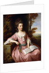 Portrait of Martha Ray, seated three-quarter-length, in a Pink Dress with a Blue Sash, holding a Musical Score, in a Landscape, 1777 by Nathaniel Dance