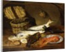 A Salmon, a Mackerel, a Lobster on a Plate, a Wicker Basket, Oysters, a Chianti Bottle and a Fisherman's Net on a Wooden Table, 1854 by Emily Stannard