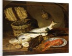 A Salmon, a Mackerel, a Lobster on a Plate, a Wicker Basket, Oysters, a Chianti Bottle and a Fisherman's Net on a Wooden Table, 1854 by Emily Stannard