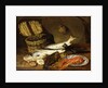 A Salmon, a Mackerel, a Lobster on a Plate, a Wicker Basket, Oysters, a Chianti Bottle and a Fisherman's Net on a Wooden Table, 1854 by Emily Stannard