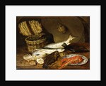 A Salmon, a Mackerel, a Lobster on a Plate, a Wicker Basket, Oysters, a Chianti Bottle and a Fisherman's Net on a Wooden Table, 1854 by Emily Stannard