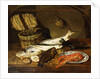 A Salmon, a Mackerel, a Lobster on a Plate, a Wicker Basket, Oysters, a Chianti Bottle and a Fisherman's Net on a Wooden Table, 1854 by Emily Stannard
