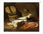 A Salmon, a Mackerel, a Lobster on a Plate, a Wicker Basket, Oysters, a Chianti Bottle and a Fisherman's Net on a Wooden Table, 1854 by Emily Stannard